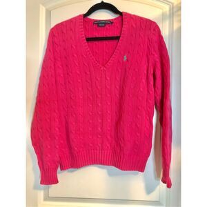 VTG Ralph Lauren Sport Cable Cotton Sweater Sz L Pink with green pony Preppy Y2K